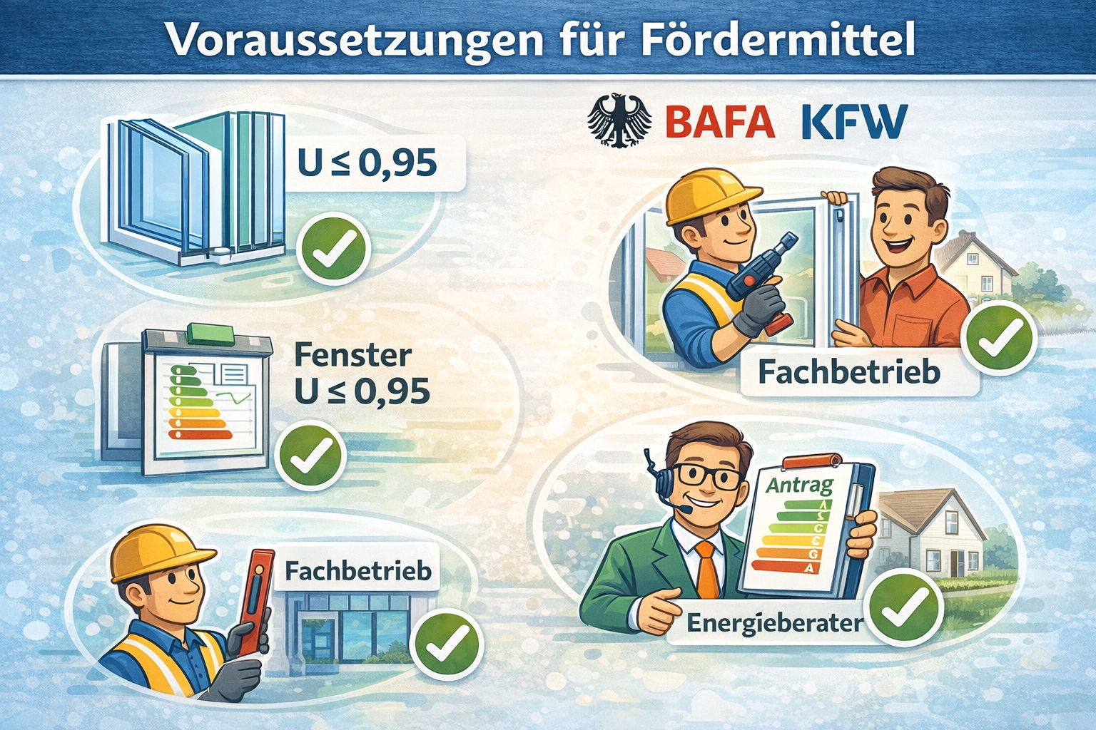 Infografik: Einflussfaktoren auf die Kosten beim Fenster austauschen – Größe und Form, 3-fach Verglasung, Rahmenmaterial, regionale Unterschiede und Montageaufwand