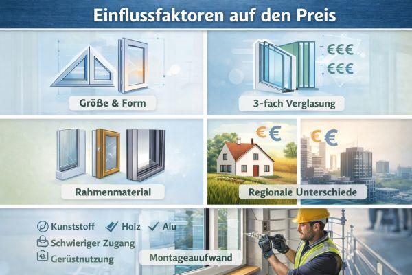 Infografik: Einflussfaktoren auf die Kosten beim Fenster austauschen – Größe und Form, 3-fach Verglasung, Rahmenmaterial, regionale Unterschiede und Montageaufwand
