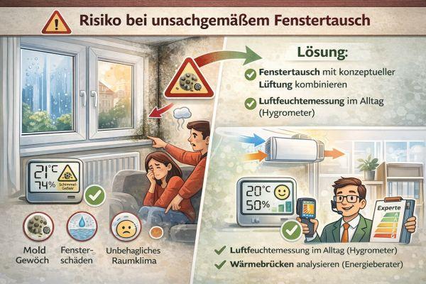 Infografik: Risiken bei unsachgemäßem Fenstertausch (Schimmel, Kondenswasser, unbehagliches Raumklima) und Lösungen (konzeptuelle Lüftung, Hygrometer, Wärmebrückenanalyse)