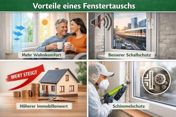 Infografik: Vorteile beim Fenster austauschen – mehr Wohnkomfort, besserer Schallschutz, höherer Immobilienwert und Schimmelschutz